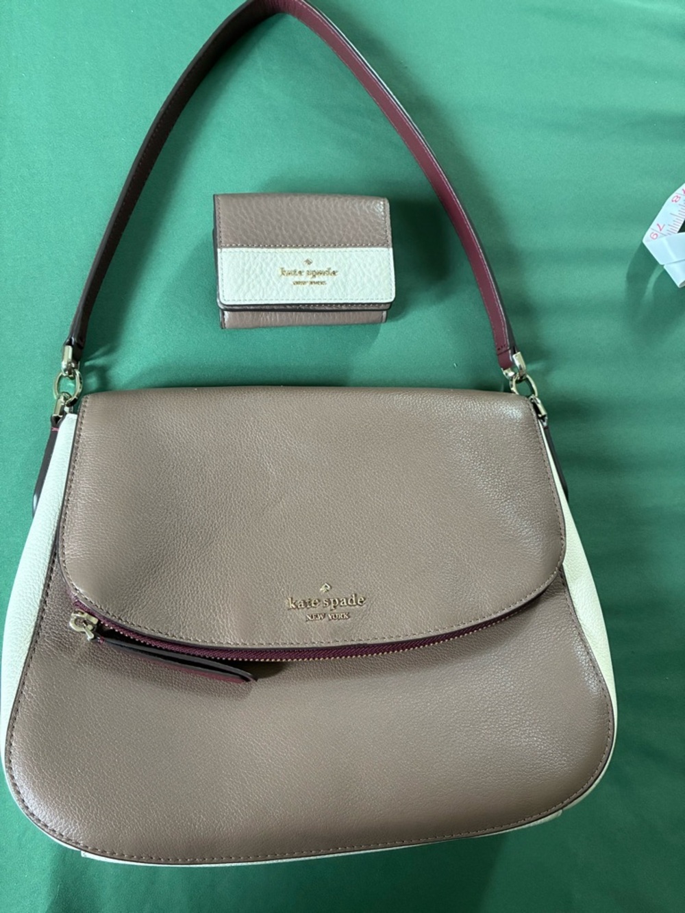 kate spade Taupe, Cream & Burgundy Leather Shoulder Bag with Matching Wallet
